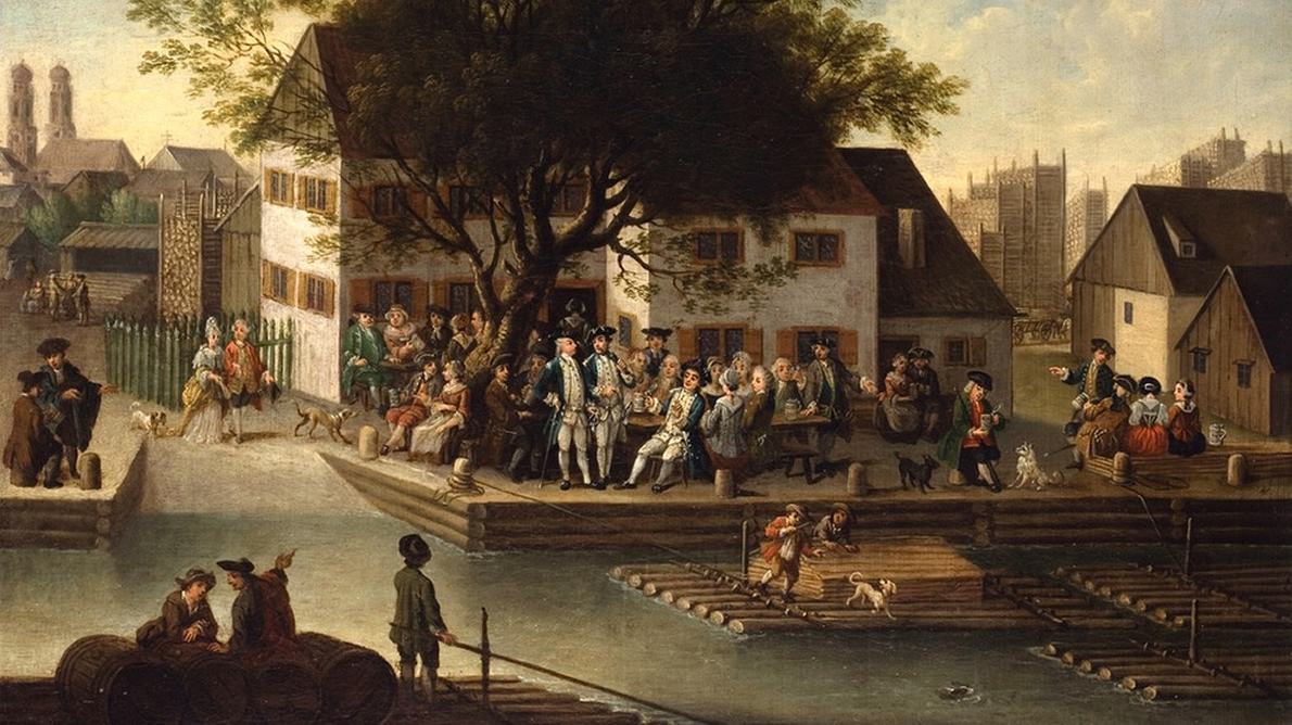 München: die alte Flößerwirtschaft auf einem Ölgemälde von 1767. Bild: Münchner Stadtmuseum